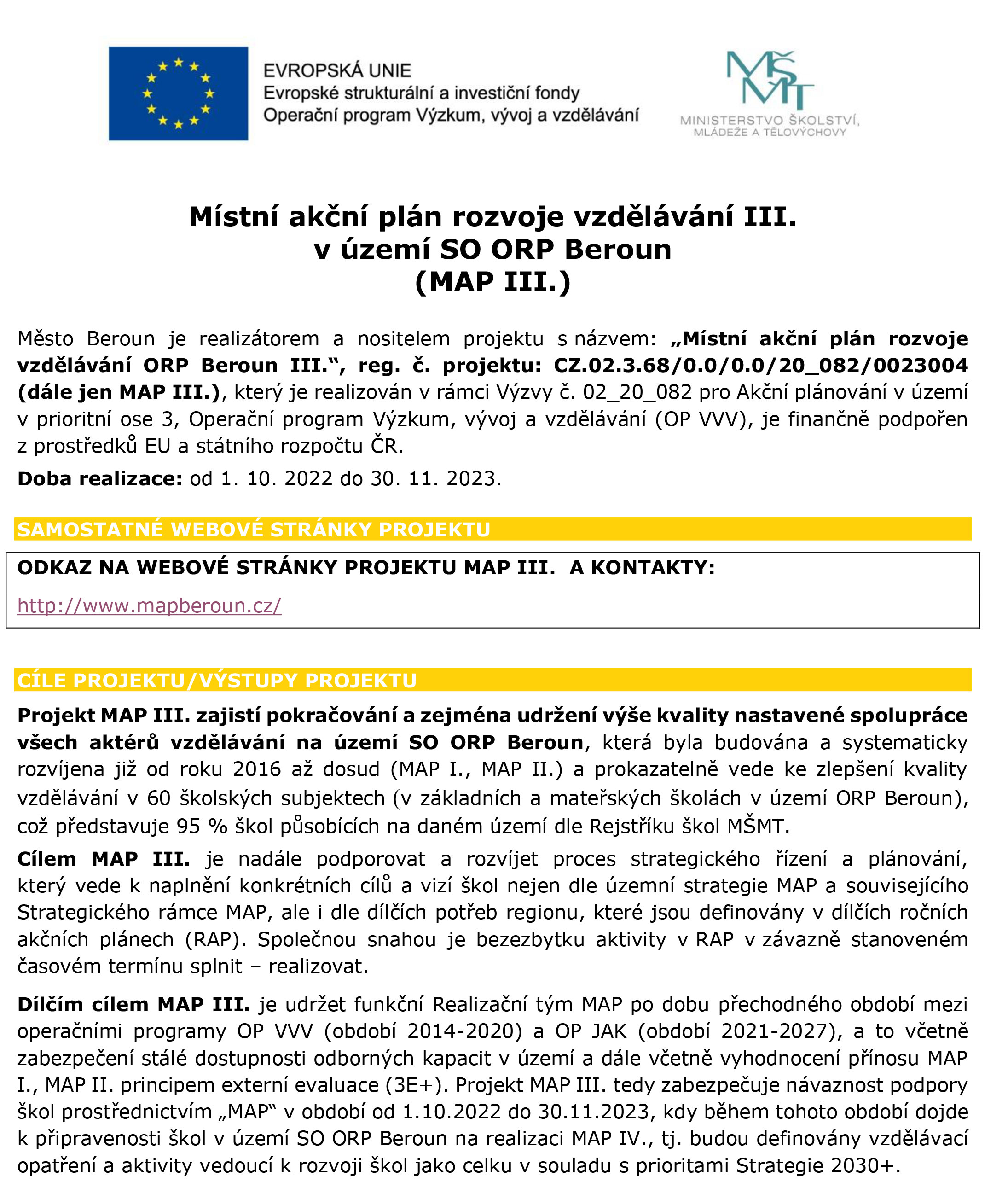 Info na web skoly Zapojeni do MAP III
